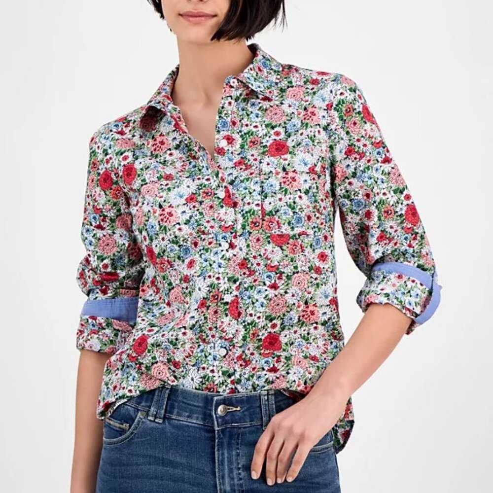 Nautica Womens Weekend Button Down Shirt Bright Floral M